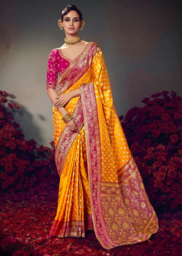 Saffron Yellow Zari Woven Satin Silk Saree with Designer Blouse