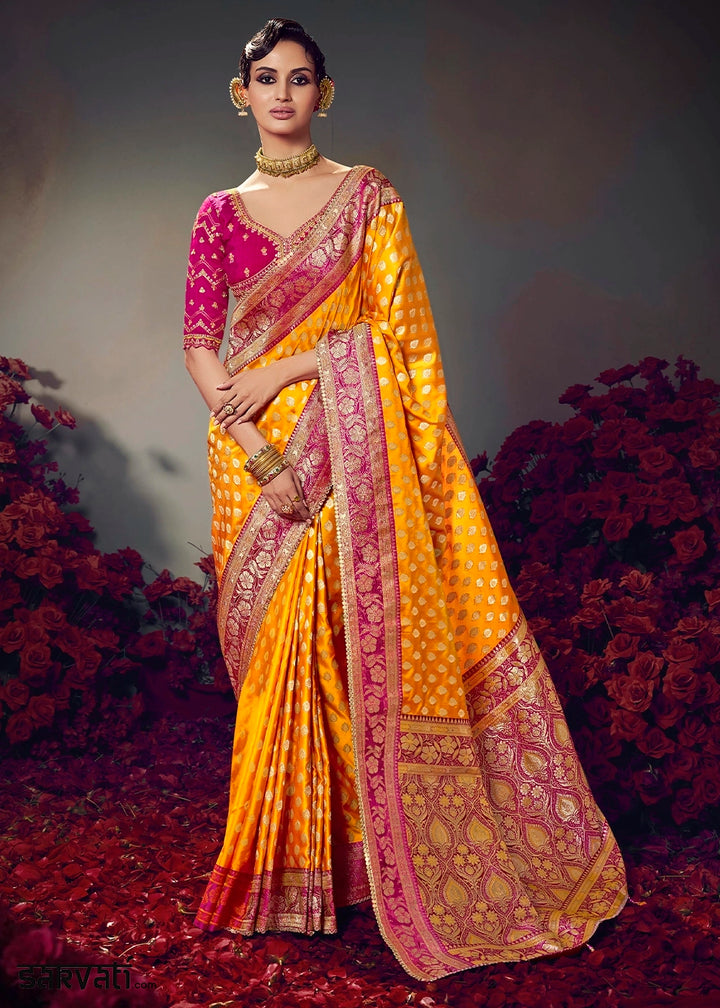 Saffron Yellow Zari Woven Satin Silk Saree with Designer Blouse