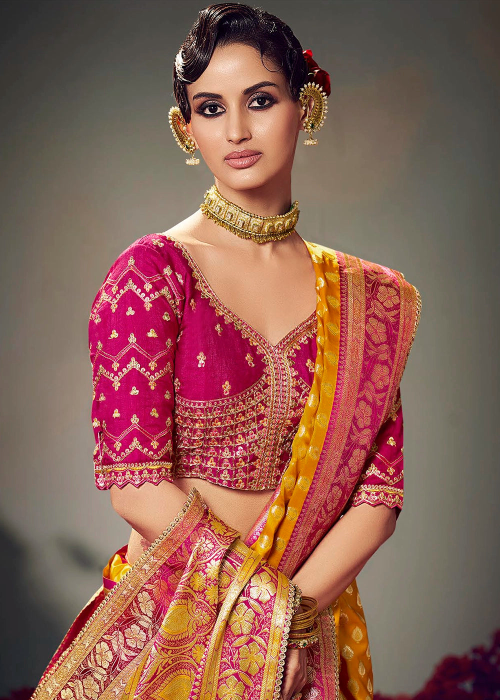 Saffron Yellow Zari Woven Satin Silk Saree with Designer Blouse