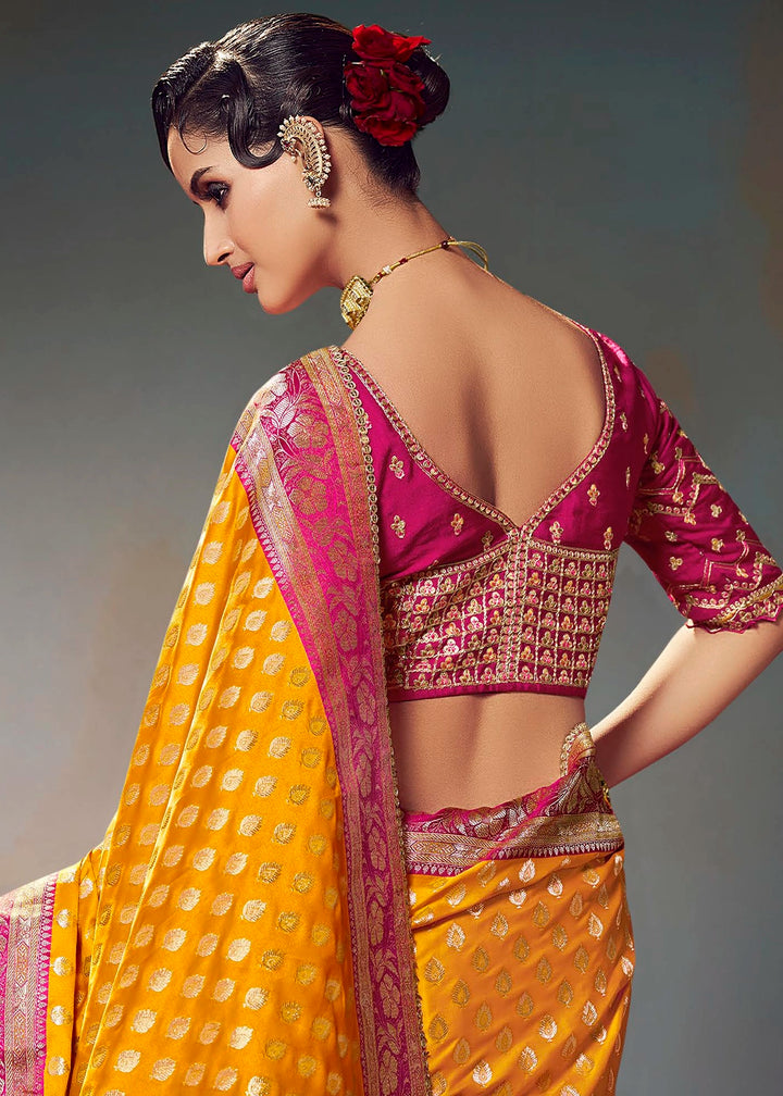 Saffron Yellow Zari Woven Satin Silk Saree with Designer Blouse