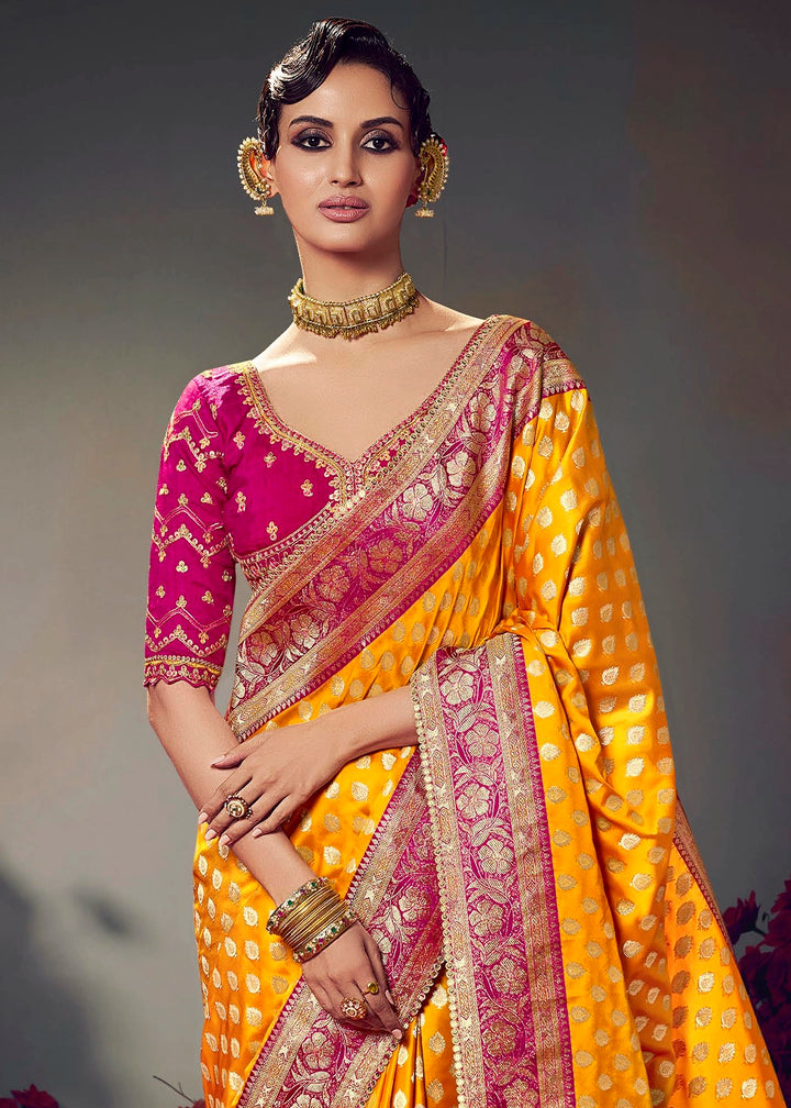 Saffron Yellow Zari Woven Satin Silk Saree with Designer Blouse