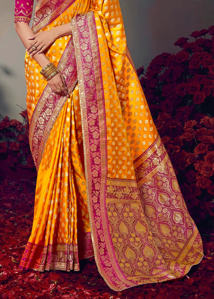 Saffron Yellow Zari Woven Satin Silk Saree with Designer Blouse
