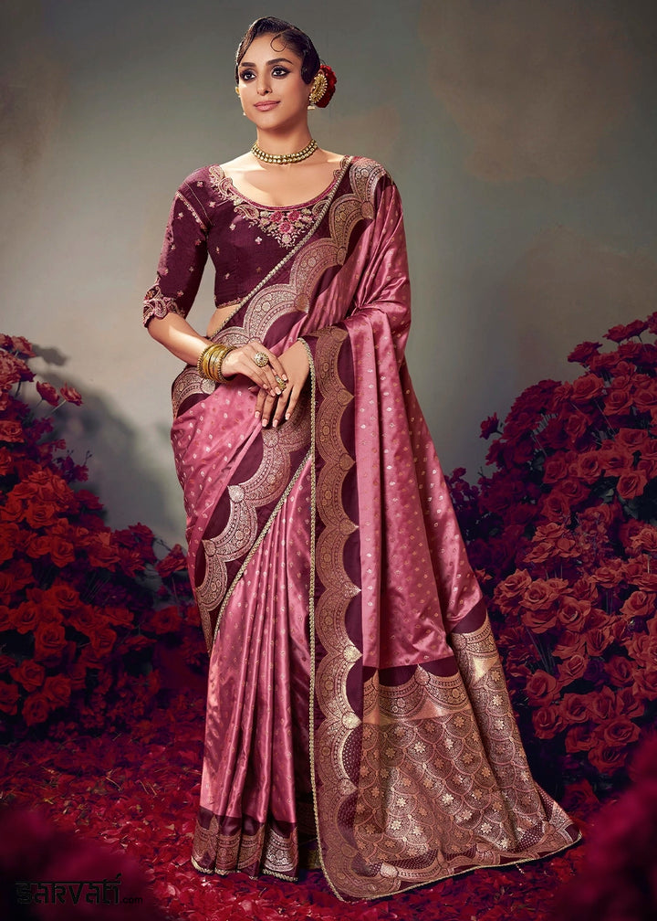 Shades Of Purple Zari Woven Satin Silk Saree with Designer Blouse