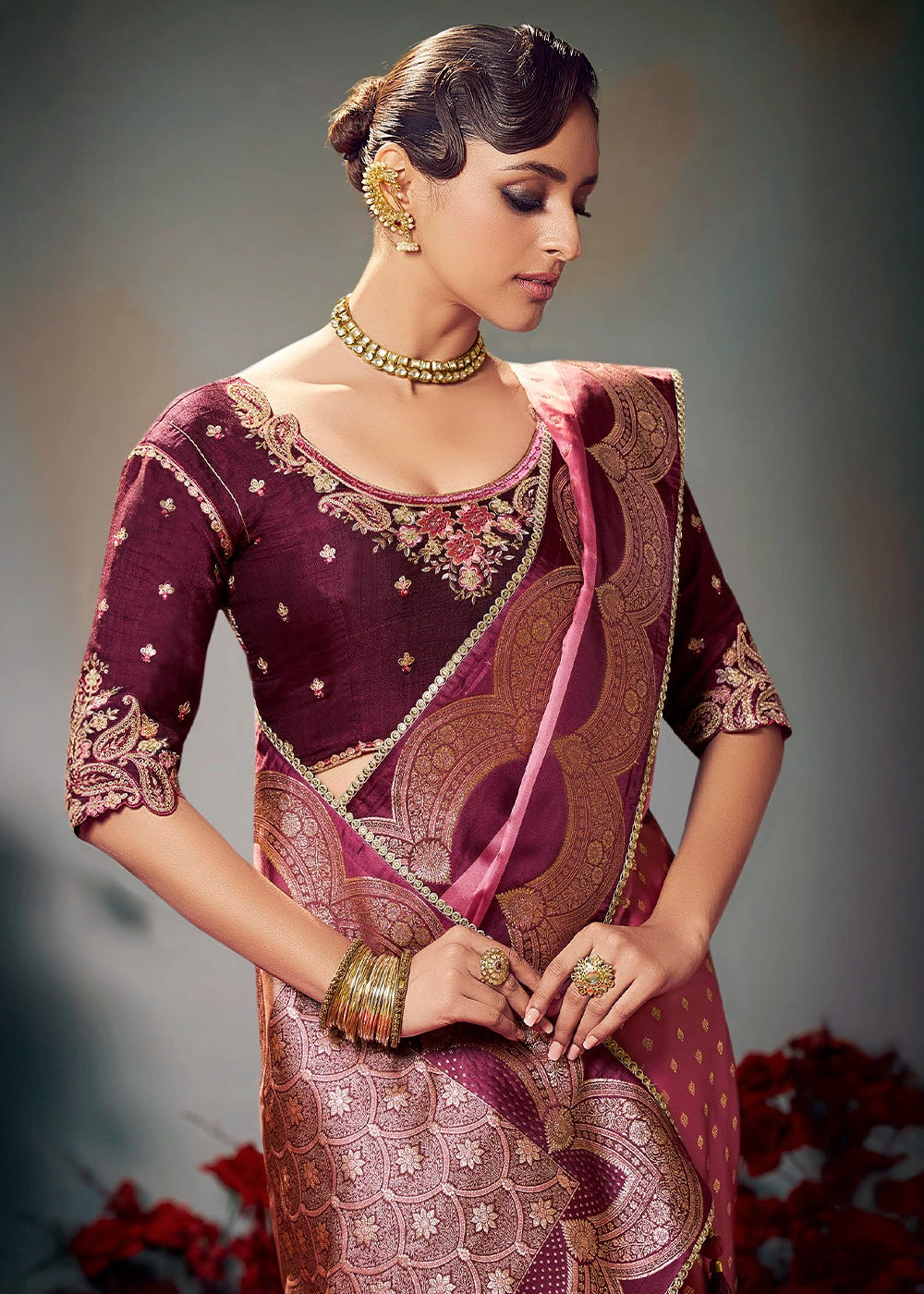 Shades Of Purple Zari Woven Satin Silk Saree with Designer Blouse