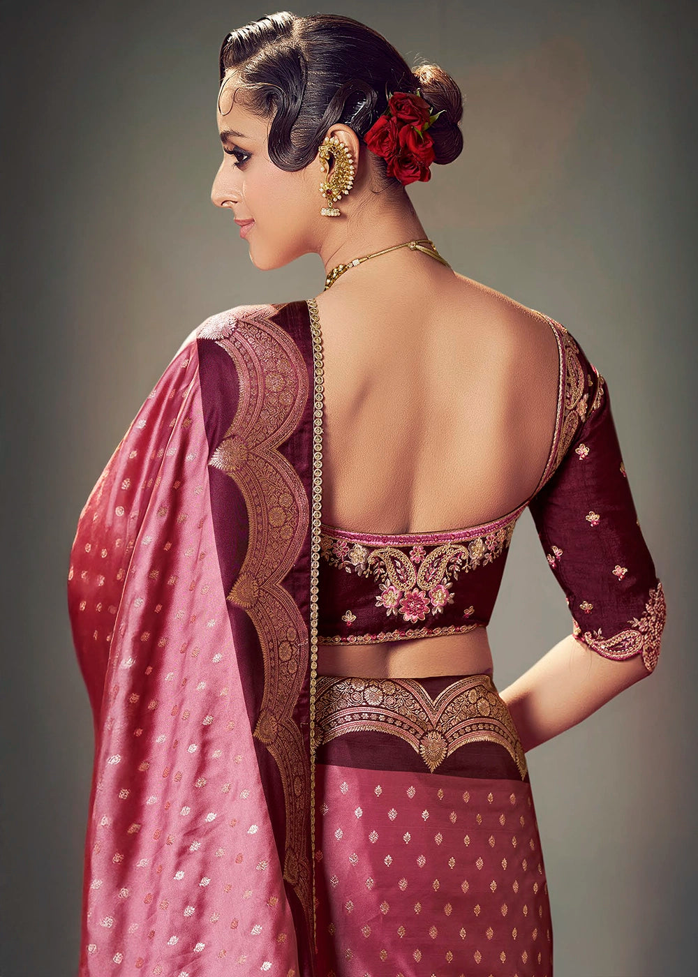 Shades Of Purple Zari Woven Satin Silk Saree with Designer Blouse