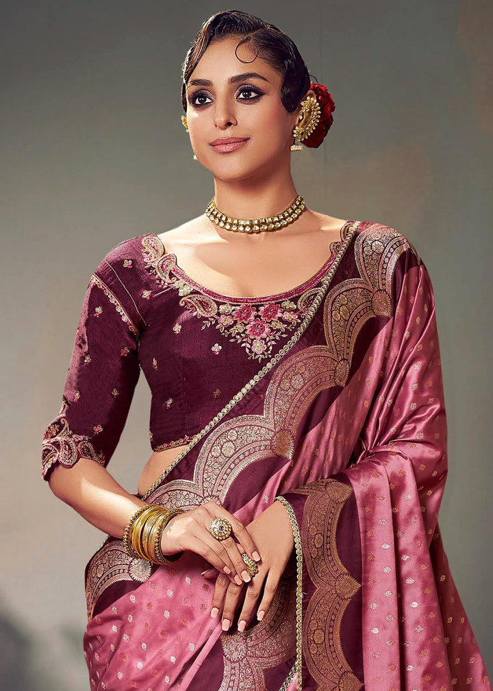 Shades Of Purple Zari Woven Satin Silk Saree with Designer Blouse
