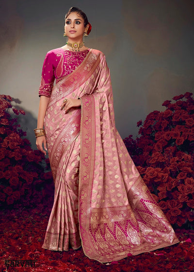 Shades Of Pink Zari Woven Satin Silk Saree with Designer Blouse
