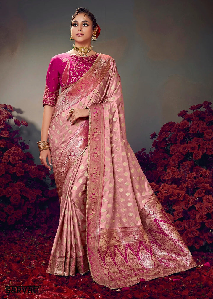 Shades Of Pink Zari Woven Satin Silk Saree with Designer Blouse
