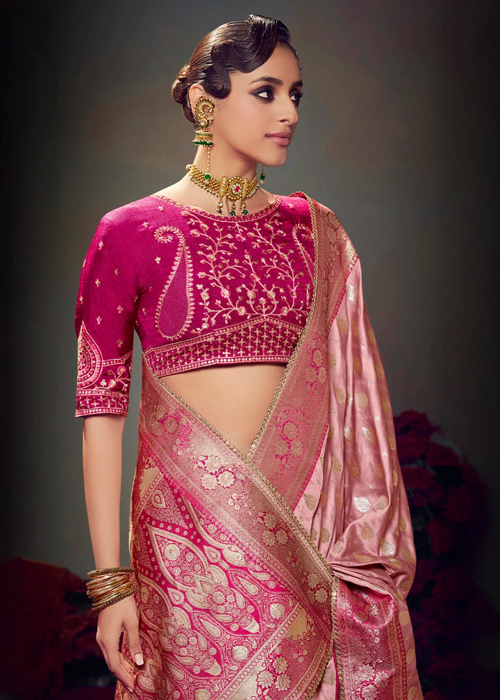 Shades Of Pink Zari Woven Satin Silk Saree with Designer Blouse