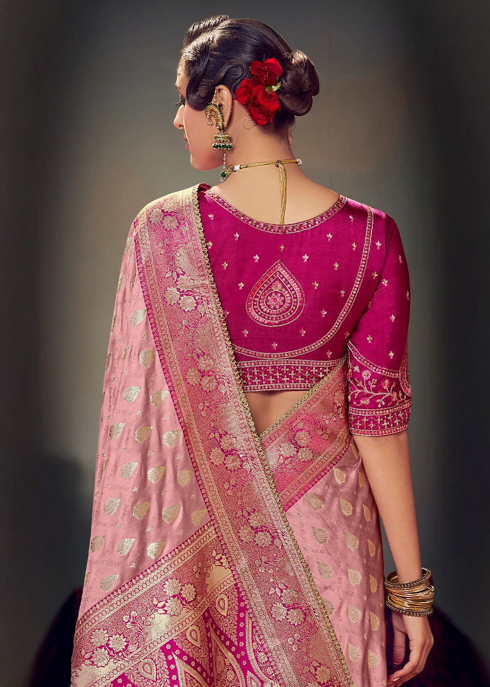 Shades Of Pink Zari Woven Satin Silk Saree with Designer Blouse