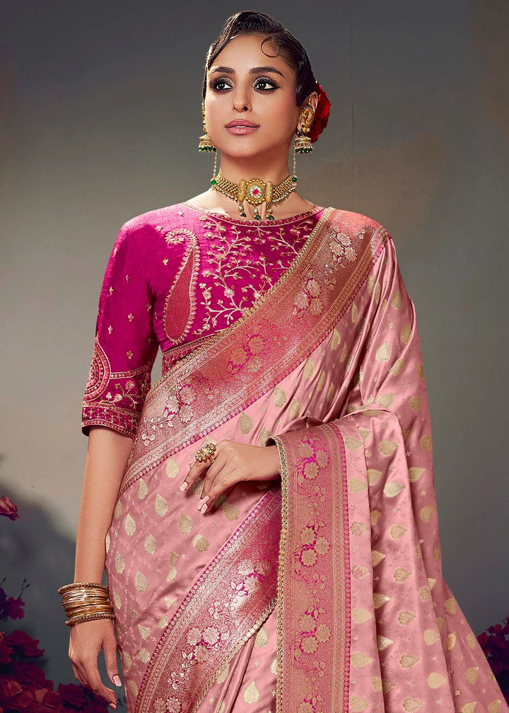 Shades Of Pink Zari Woven Satin Silk Saree with Designer Blouse