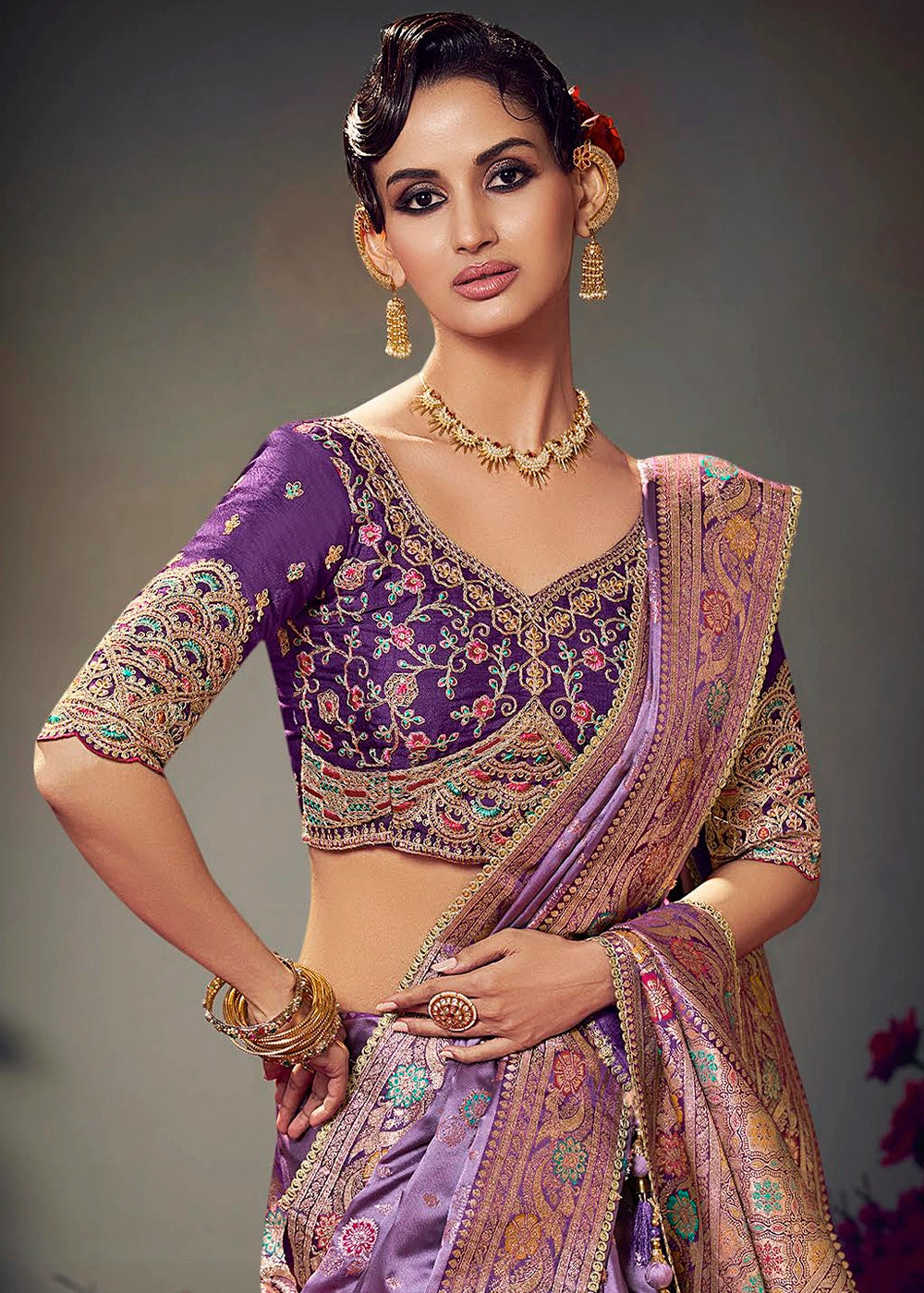 Amethyst Purple Zari Woven Satin Silk Saree with Designer Blouse