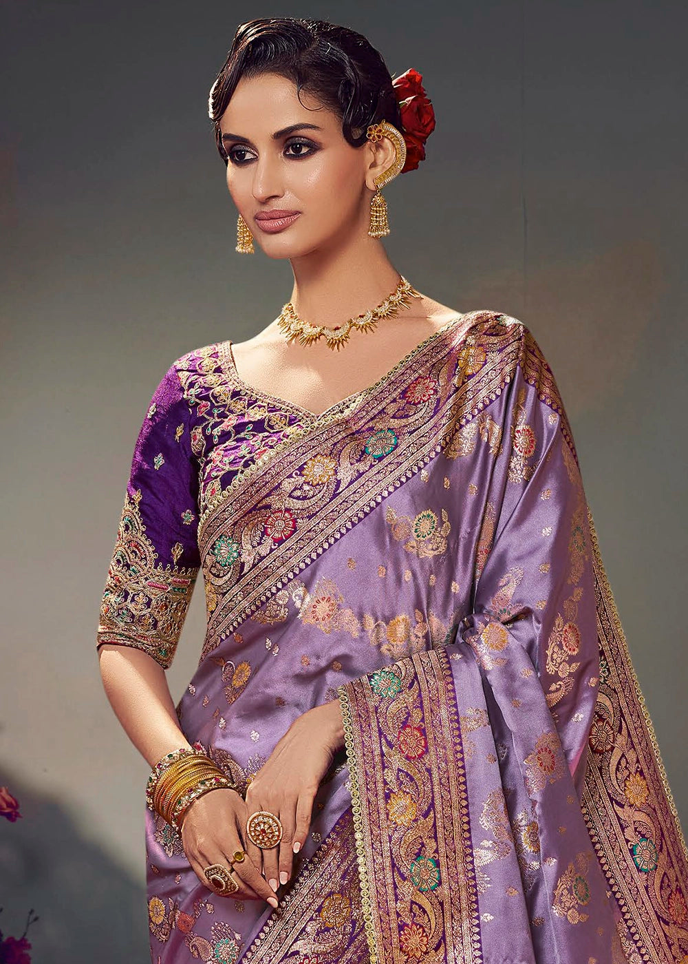 Amethyst Purple Zari Woven Satin Silk Saree with Designer Blouse