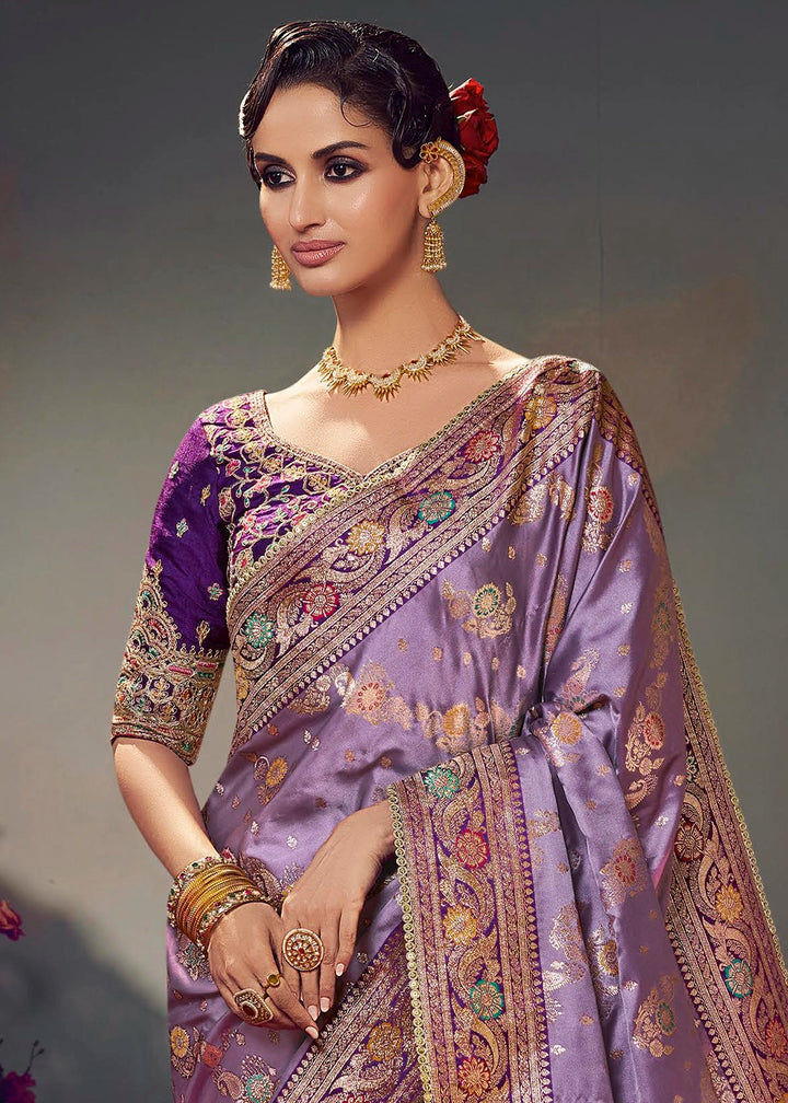 Amethyst Purple Zari Woven Satin Silk Saree with Designer Blouse