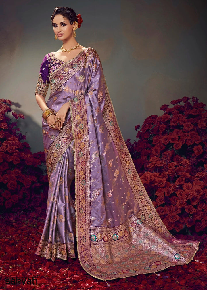 Amethyst Purple Zari Woven Satin Silk Saree with Designer Blouse