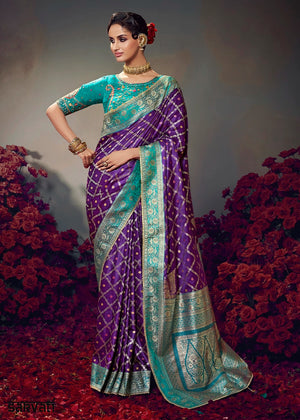 Indigo Purple Zari Woven Satin Silk Saree with Designer Blouse