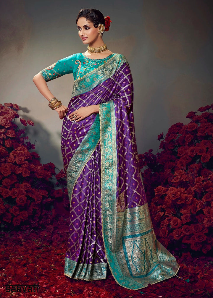 Indigo Purple Zari Woven Satin Silk Saree with Designer Blouse