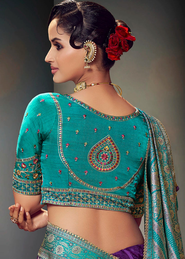 Indigo Purple Zari Woven Satin Silk Saree with Designer Blouse