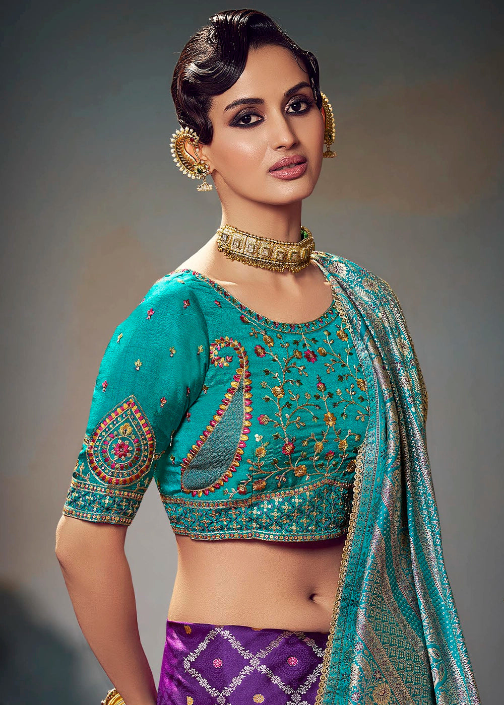 Indigo Purple Zari Woven Satin Silk Saree with Designer Blouse