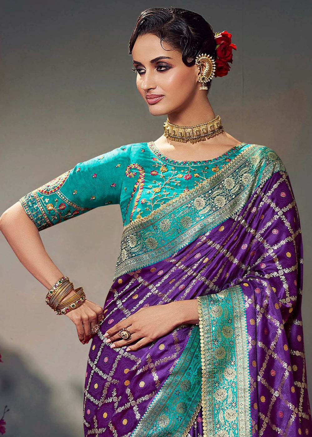 Indigo Purple Zari Woven Satin Silk Saree with Designer Blouse