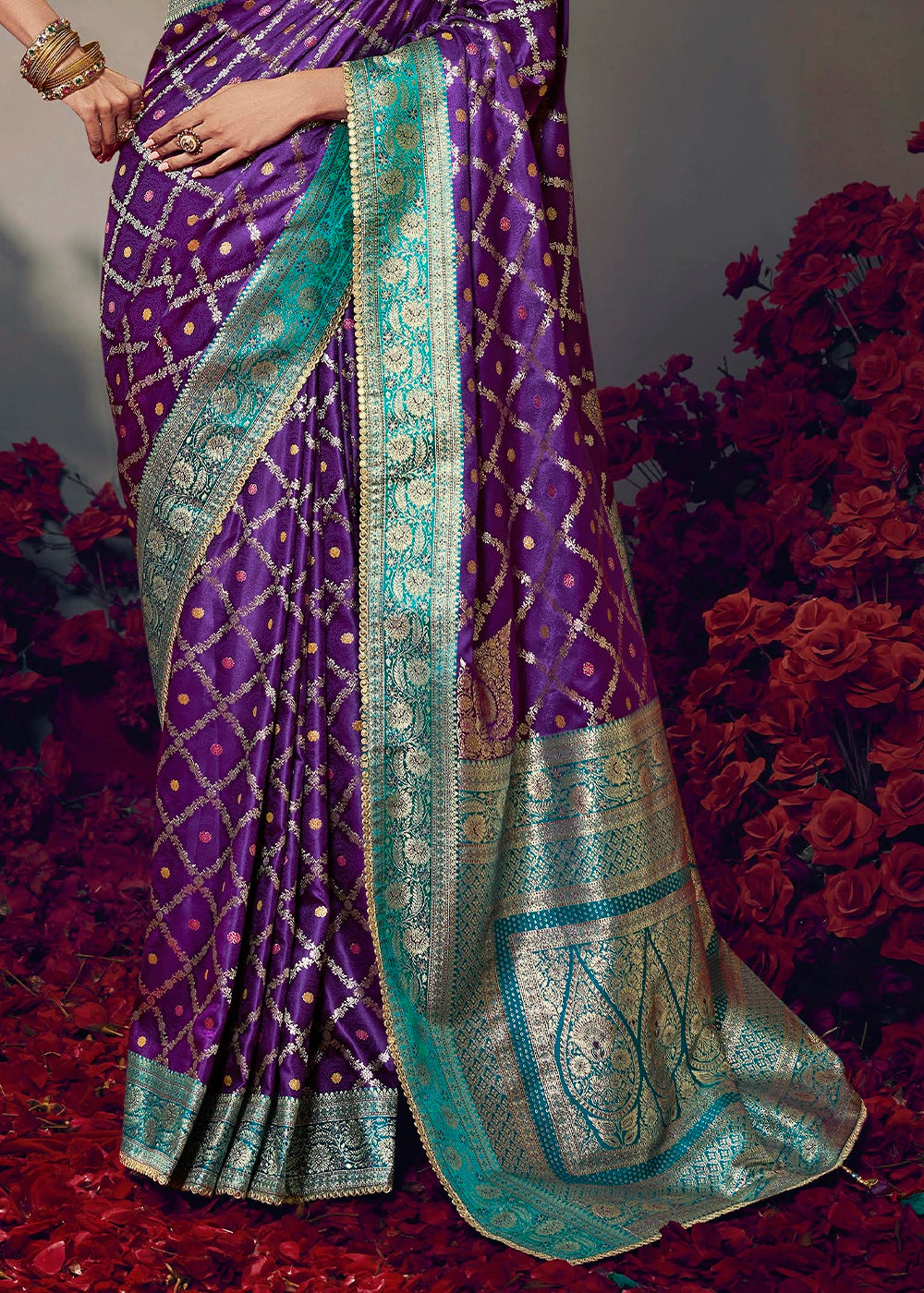 Indigo Purple Zari Woven Satin Silk Saree with Designer Blouse