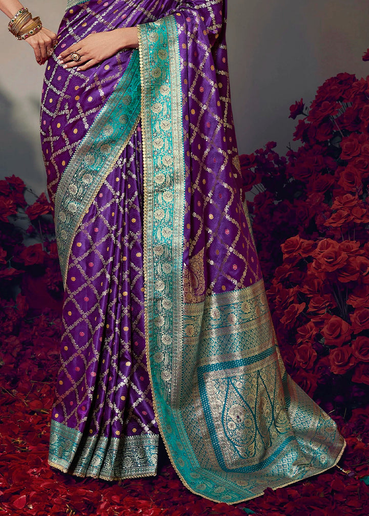 Indigo Purple Zari Woven Satin Silk Saree with Designer Blouse