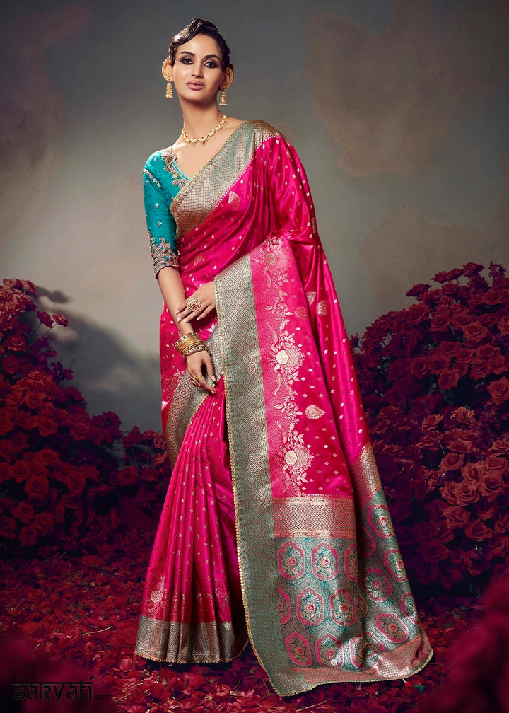 Bright Pink Zari Woven Satin Silk Saree with Designer Blouse