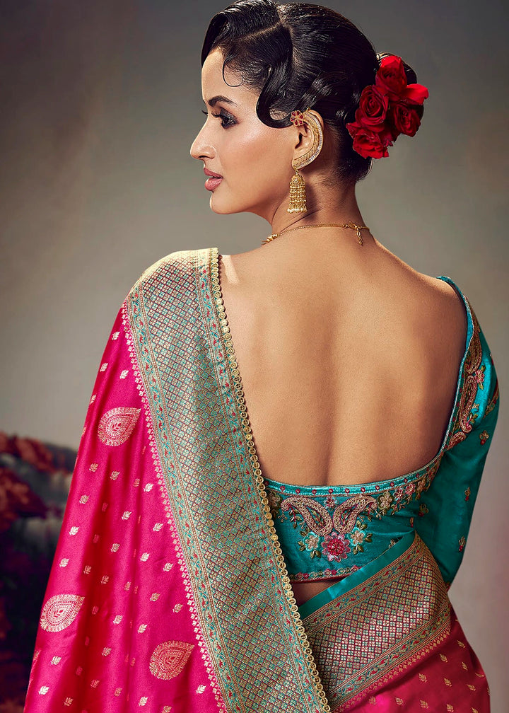 Bright Pink Zari Woven Satin Silk Saree with Designer Blouse