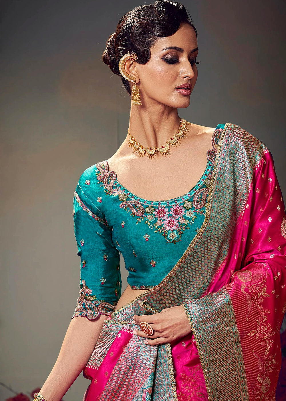 Bright Pink Zari Woven Satin Silk Saree with Designer Blouse