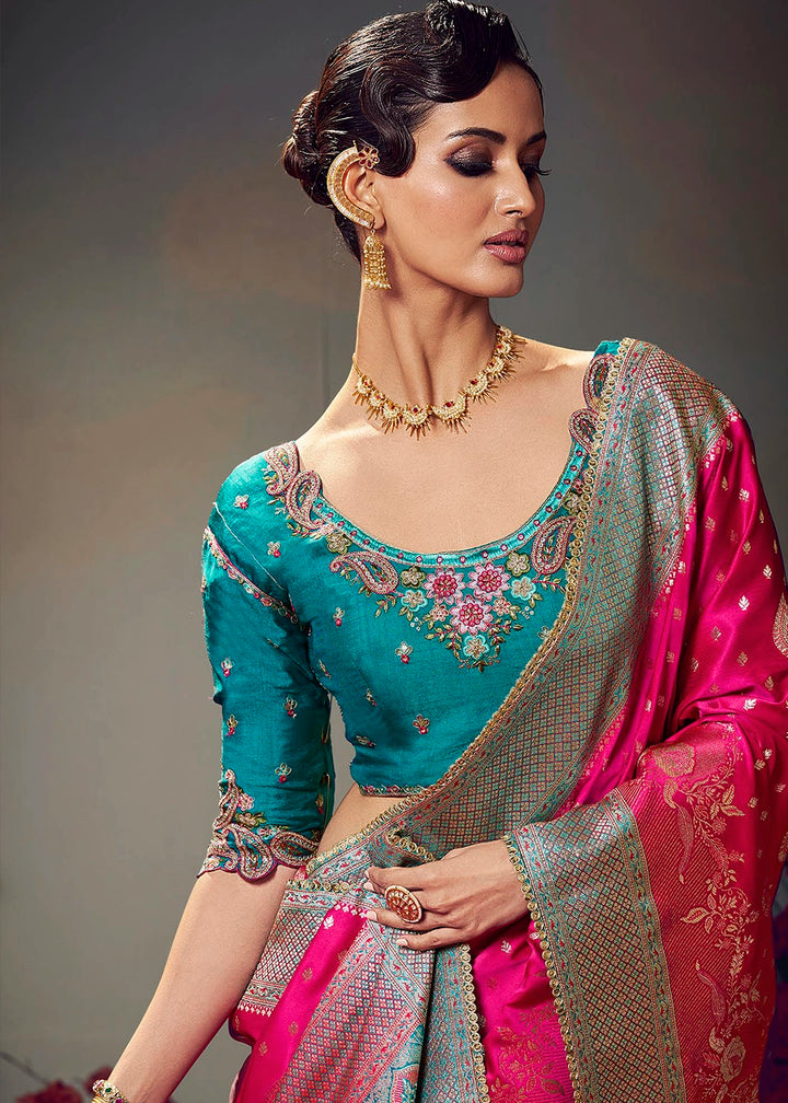 Bright Pink Zari Woven Satin Silk Saree with Designer Blouse