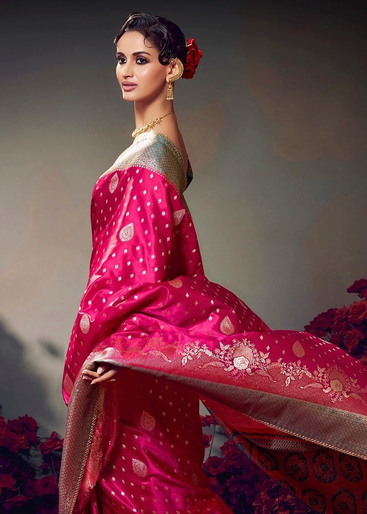 Bright Pink Zari Woven Satin Silk Saree with Designer Blouse
