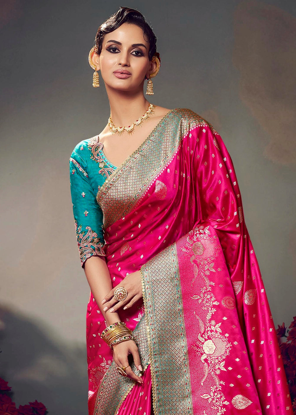 Bright Pink Zari Woven Satin Silk Saree with Designer Blouse