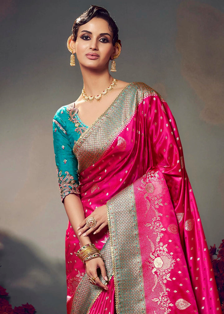 Bright Pink Zari Woven Satin Silk Saree with Designer Blouse