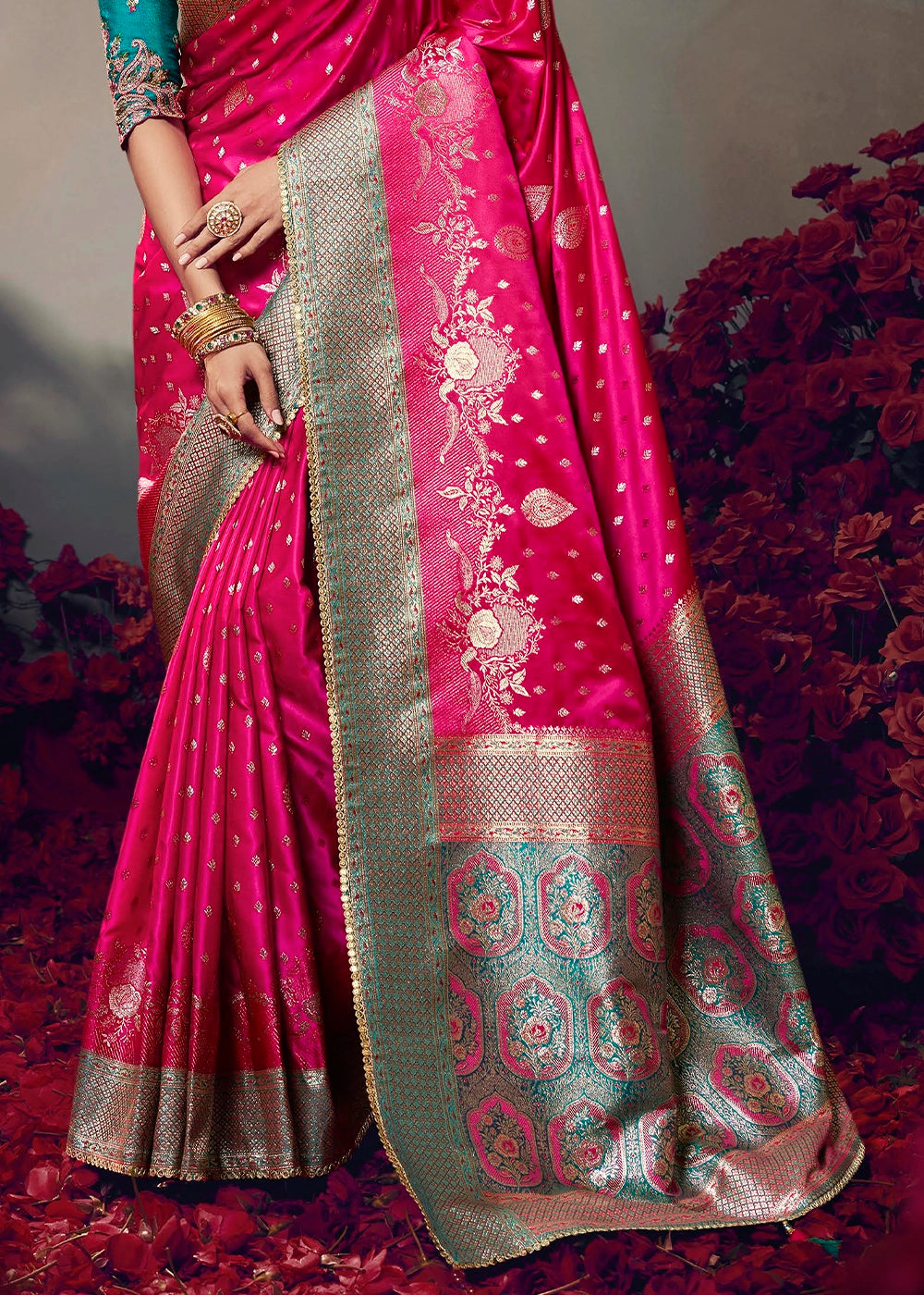 Bright Pink Zari Woven Satin Silk Saree with Designer Blouse