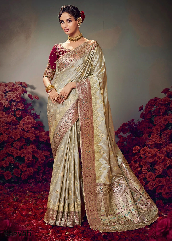 Beige Brown Zari Woven Satin Silk Saree with Designer Blouse