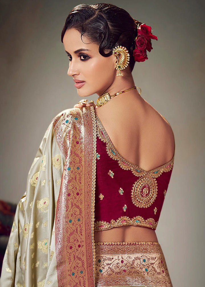 Beige Brown Zari Woven Satin Silk Saree with Designer Blouse