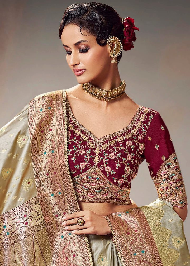 Beige Brown Zari Woven Satin Silk Saree with Designer Blouse