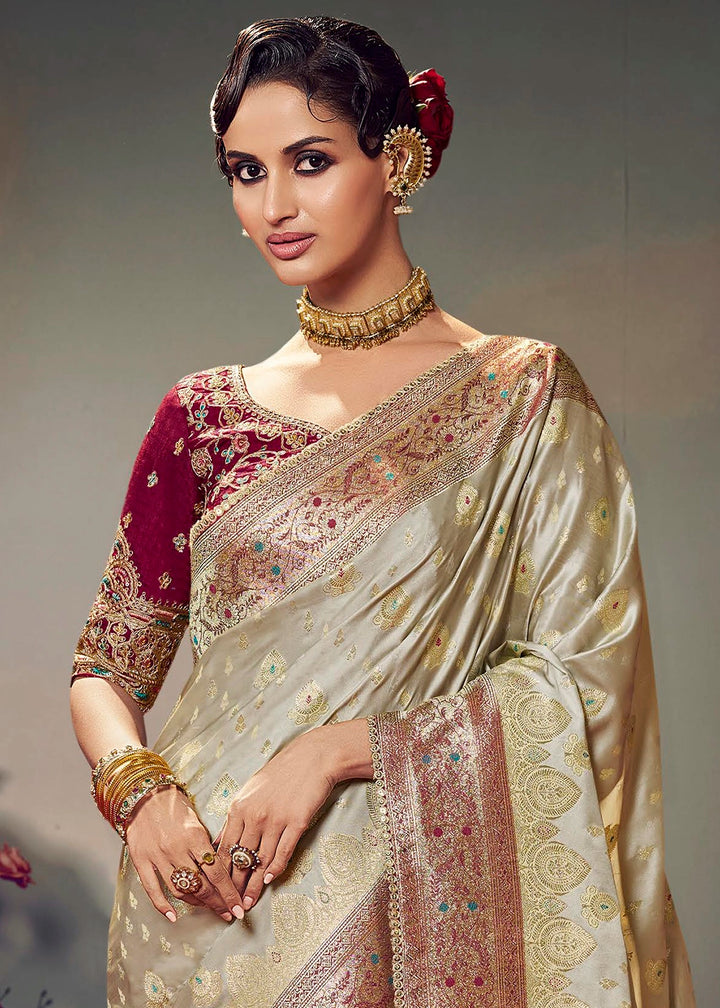 Beige Brown Zari Woven Satin Silk Saree with Designer Blouse