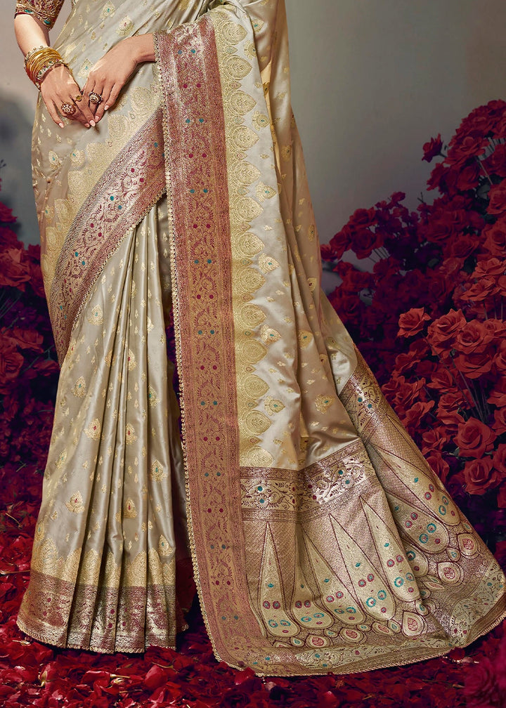Beige Brown Zari Woven Satin Silk Saree with Designer Blouse