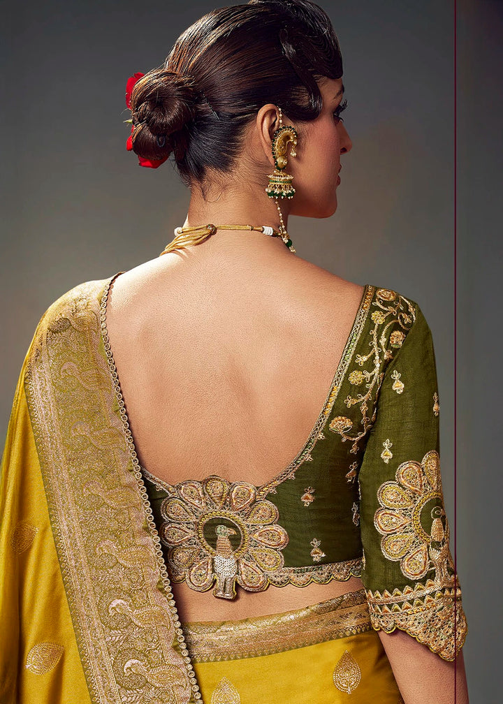 Golden Yellow Zari Woven Satin Silk Saree with Designer Blouse