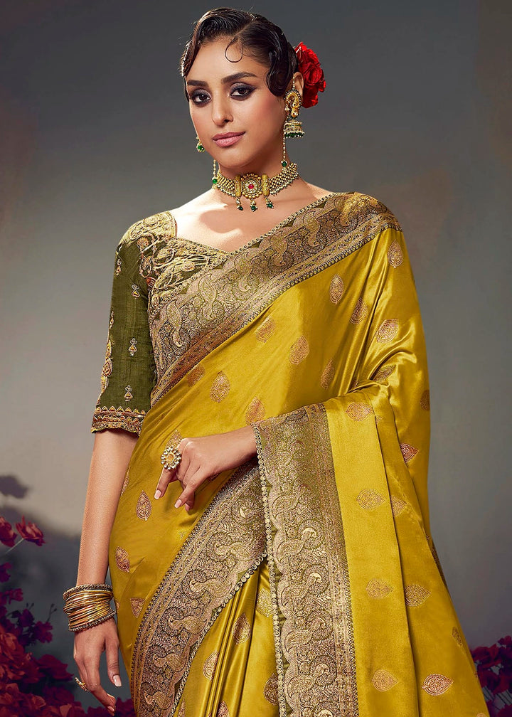 Golden Yellow Zari Woven Satin Silk Saree with Designer Blouse