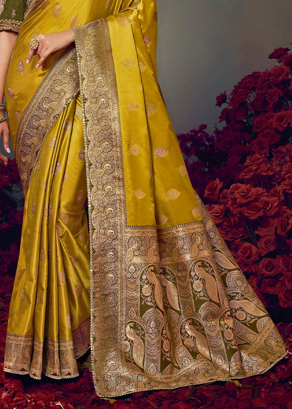 Golden Yellow Zari Woven Satin Silk Saree with Designer Blouse