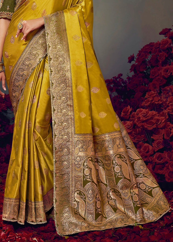 Golden Yellow Zari Woven Satin Silk Saree with Designer Blouse