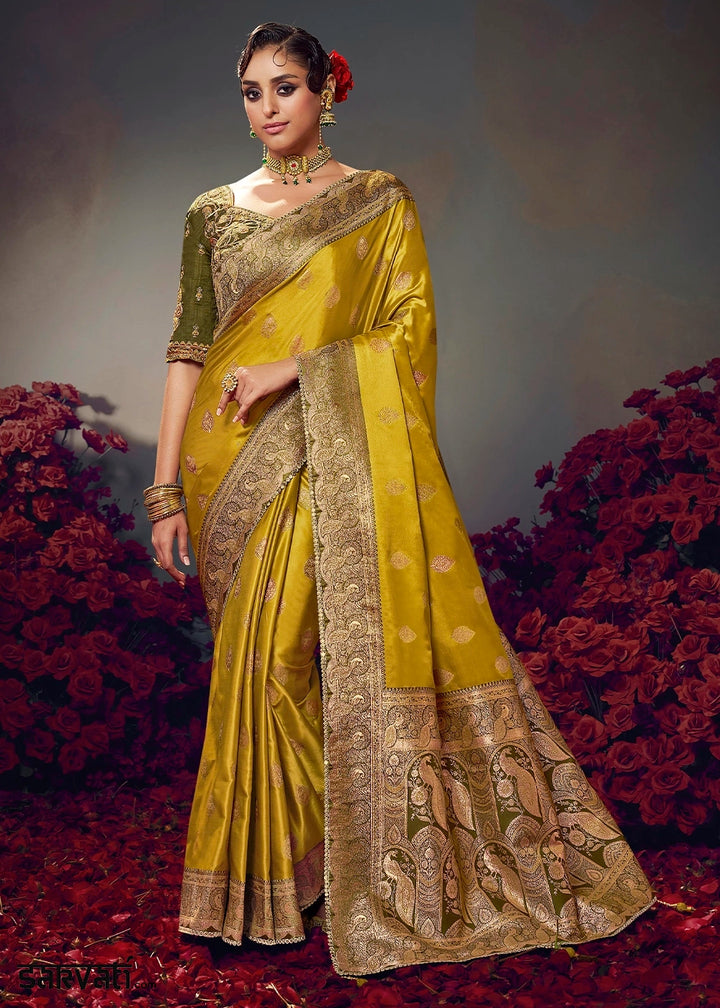 Golden Yellow Zari Woven Satin Silk Saree with Designer Blouse