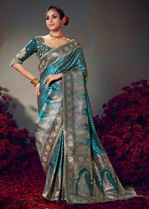 Shades Of Blue Zari Woven Satin Silk Saree with Designer Blouse