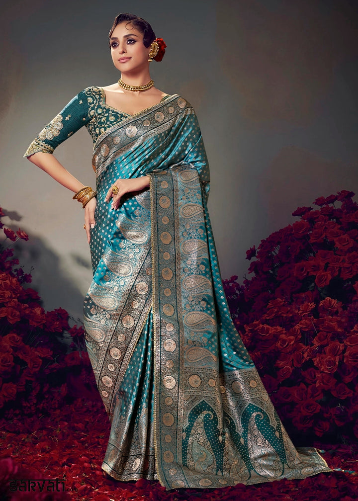 Shades Of Blue Zari Woven Satin Silk Saree with Designer Blouse