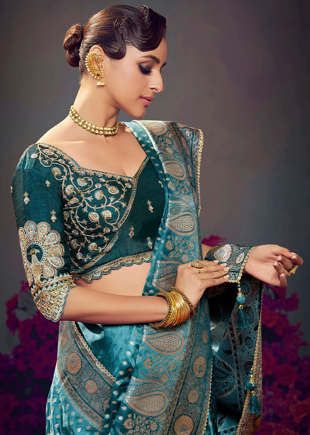 Shades Of Blue Zari Woven Satin Silk Saree with Designer Blouse