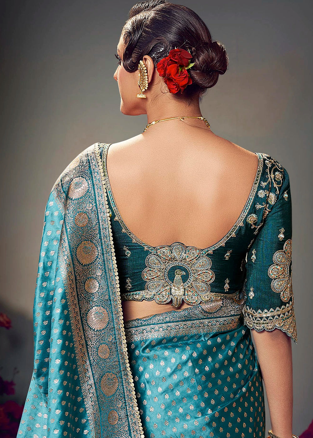 Shades Of Blue Zari Woven Satin Silk Saree with Designer Blouse