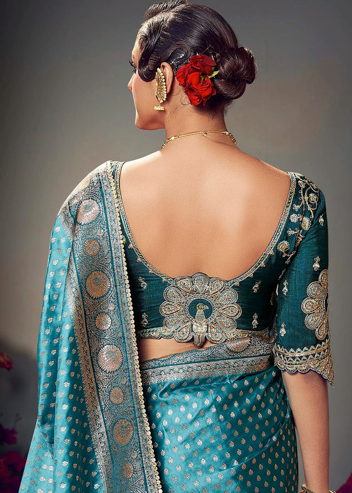 Shades Of Blue Zari Woven Satin Silk Saree with Designer Blouse