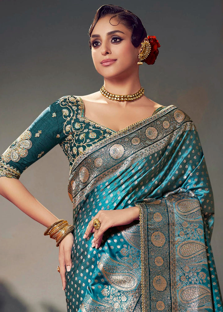 Shades Of Blue Zari Woven Satin Silk Saree with Designer Blouse